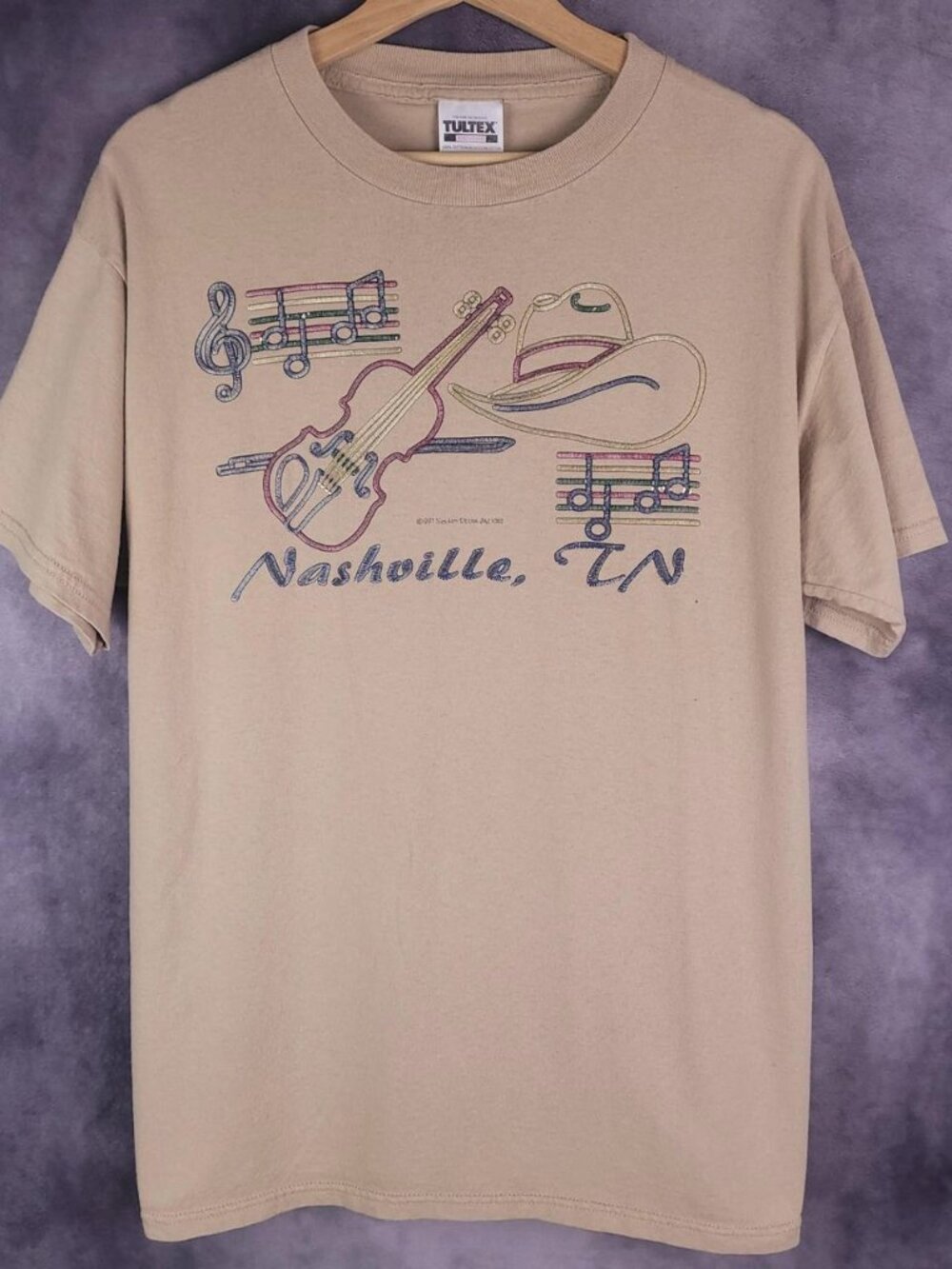 Vintage 90s Nashville Tennessee country music embroidered tan t-shirt